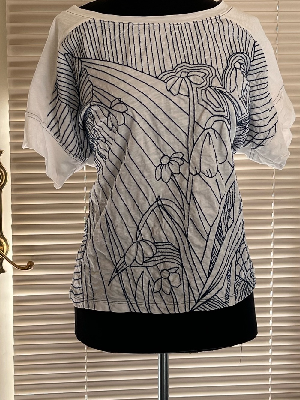 Anthropologie White Tee with Navy Floral Outline